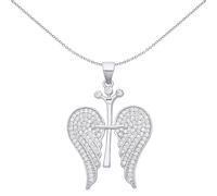 Jewelco London Ladies Rhodium Plated Sterling Silver CZ Folded Angel Wings Cross Crown Pendant Necklace 18 inch - GVP656
