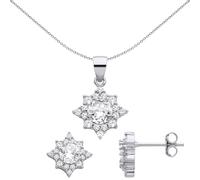 Jewelco London Ladies Rhodium Plated Sterling Silver CZ Octogram Starburst Solitaire Earrings Necklace Set - GSET662