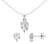 Jewelco London Ladies Rhodium Plated Sterling Silver Heart CZ Love Heart Pave Cushion Earrings Necklace Set - GSET666