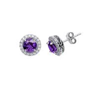 Jewelco London Ladies Rhodium Plated Sterling Silver Purple CZ Round Halo Saturn Solitaire Stud Earrings - GVE419AM