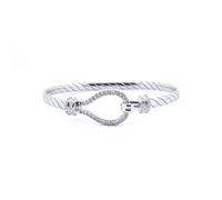 Jewelco London Ladies Rhodium Plated Sterling Silver White Round Brilliant Cubic Zirconia Rope Stirrup Hook Noose Loop 4mm Bangle Bracelet, 7" 18cm