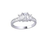 Jewelco London Ladies Rhodium Sterling Silver Baguette & Emerald-cut CZ Channel-Set Shoulders Trilogy Engagement Ring