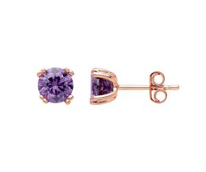 Jewelco London Ladies Rose Gold-Plated Sterling Silver Purple Cubic zirconia Double 4 Claw Solitaire Stud Earrings 6mm - GVE492AMY