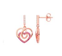 Jewelco London Ladies Rose Gold-Plated Sterling Silver Red CZ Loopy Corkscrew Love Heart Drop Earrings - EAG1144