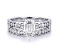 Jewelco London Ladies Solid 9ct White Gold Emerald Cut CZ Wed-fit Engagement & Half Eternity Travel Bridal Rings Set - Size P