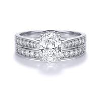 Jewelco London Ladies Solid 9ct White Gold Oval CZ Wed-fit Engagement & Half Eternity Travel Bridal Rings Set - Size Q