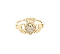 Jewelco London Ladies Solid 9ct Yellow Gold CZ Hands Holding Crowned Heart Claddagh (Chladaigh) Signet Ring - Size Q