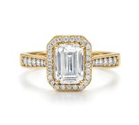Jewelco London Ladies Solid 9ct Yellow Gold Emerald Cut Cubic Zirconia Wed-fit Halo Travel Proposal Ring 1.00CT