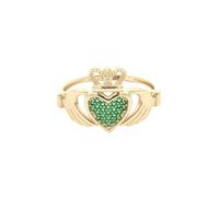 Jewelco London Ladies Solid 9ct Yellow Gold Green CZ Hands Holding Crowned Heart Claddagh (Chladaigh) Signet Ring - Size S