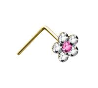 Jewelco London Ladies Solid 9ct Yellow Gold Pink and White Round Crystal Daisy Flower Nose Stud 4mm