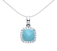 Jewelco London Ladies Sterling Silver Aqua Square Cushion Turquoise Solitaire Halo Charm Necklace 18 inch - GVP437TQ