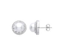 Jewelco London Ladies Sterling Silver Cubic Zirconia & Freshwater Cultured Pearl Full Moon Halo Stud Earrings 7mm - GVE908