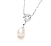 Jewelco London Ladies Sterling Silver Cubic Zirconia & Freshwater Cultured Pearl Halo Chain Charm Necklace 7x9mm - GVK334