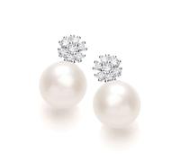 Jewelco London Ladies Sterling Silver Cubic Zirconia & Freshwater Cultured Pearl Mini Cluster Drop Earrings 7mm - GVE917