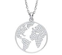 Jewelco London Ladies Sterling Silver Cubic Zirconia Pave World Atlas Pendant Necklace 16 inch - GVK276