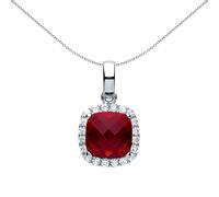 Jewelco London Ladies Sterling Silver Ruby-Red Square Cushion Cubic zirconia Solitaire Halo Charm Necklace 18 inch - GVP437RU
