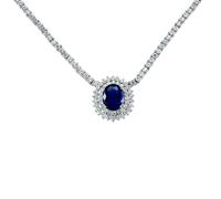 Jewelco London Ladies Sterling Silver Sapphire-Blue Oval Cubic Zirconia Royal Lady Di Cluster Pendant Necklace 15 inch - GVK099SAP