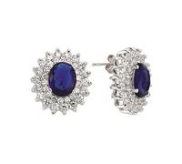 Jewelco London Ladies Sterling Silver Sapphire-Blue Oval Cubic Zirconia Royal Lady Di Cluster Stud Earrings - GVE058