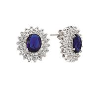 Jewelco London Ladies Sterling Silver Sapphire-Blue Oval Cubic Zirconia Royal Lady Di Cluster Stud Earrings
