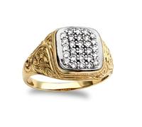 (R) Jewelco London Men's 9ct Yellow and White Gold White Cubic Zirconia Pave Cushion Cluster Carved Signet Ring - JRN205