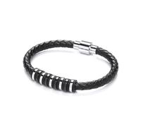 Jewelco London Mens Black Leather Stainless Steel 9 Ring Plain Weave Magnetic Strap Bracelet 6mm 8 inch - BRC185
