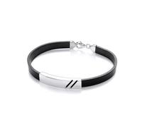 Jewelco London Mens Black Leather Stainless Steel Flat ID Plate Double Groove Strap Bracelet - BRC194BLK