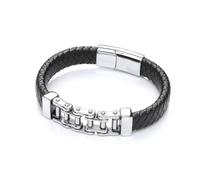 Jewelco London Mens Black Leather Stainless Steel Flat Plain Weave Bicycle Chain Strap Bracelet 12mm 8 inch - BRC188
