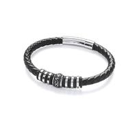 Jewelco London Mens Black Leather Stainless Steel Plain Weave Tribal Scroll Rings Strap Bracelet 6mm 8 inch - BRC186