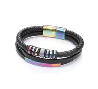 Jewelco London Mens Black Leather Stainless Steel Rainbow Iridescent Multi Strand Plaited ID Bar Strap Bracelet 8 inch - BRC191
