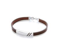 Jewelco London Mens Chocolate Brown Leather Stainless Steel Flat ID Plate Double Groove Strap Bracelet - BRC194BRN