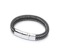 Jewelco London Mens Rhodium Plated Stainless Steel Black Leather Platted Cuff Bracelet 12mm 8.25-9 inch - BRC155BLK