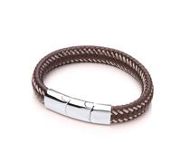 Jewelco London Mens Rhodium Plated Stainless Steel Brown Leather Platted Cuff Bracelet 12mm 8.25-9 inch - BRC155BRN