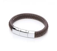 Jewelco London Mens Rhodium Plated Stainless Steel Brown Leather Platted Cuff Bracelet 12mm 8.5 inch - BRC151BRN