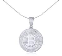 Jewelco London Men's Rhodium Silver White Baguette CZ Fluted Halo Encrusted Bitcoin Cryptocurrency Charm Pendant - APD187