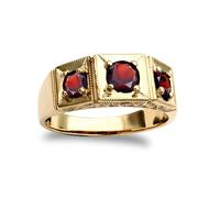 Jewelco London Men's Solid 9ct Yellow Gold Round Brilliant Garnet 3 Stone Trilogy Carved Gypsy Ring