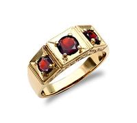 Jewelco London Men's Solid 9ct Yellow Gold Round Brilliant Garnet 3 Stone Trilogy Carved Gypsy Ring - Size W