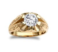 Jewelco London Men's Solid 9ct Yellow Gold White Round Brilliant Cubic Zirconia Solitaire Carved Gypsy Ring 8mm 2 Carats