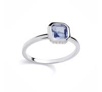 Jewelco London Rhodium Plated Silver Blue Square CZ Octagonal Bezel Halo Solitaire Hidden Side Stones Engagement Ring - Size O
