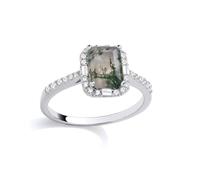 Jewelco London Rhodium Plated Silver Grey Emerald & Baguette Moss Agate & CZ Spooky Forest Octagon Halo Solitaire Ring - Size L