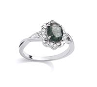 Jewelco London Rhodium Plated Silver Grey Oval Moss Agate & CZ Quatrefoil Petal Fleur De Lis Spooky Smoke Solitaire Ring - Size O