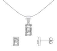 Jewelco London Rhodium Plated Silver Oval CZ Floating Solitaire Rectangle Window Halo Frame Earrings & Pendant Set - GSET688