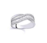 Jewelco London Rhodium Plated Sterling Silver Baguette CZ Crossover Shimmering Wavy Channel-Set Eternity Ring - Size N