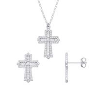 Jewelco London Rhodium Plated Sterling Silver Baguette CZ Shimmering Ornate Step Gothic Cross Earrings & Pendant Set