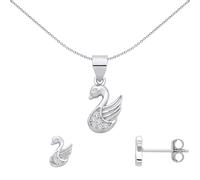 Jewelco London Rhodium Plated Sterling Silver CZ Elegant Cartoon Swan Earrings & Pendant Set