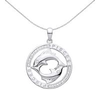 Jewelco London Rhodium Plated Sterling Silver CZ Semi-set Halo Circle Zodiac Pisces Fish Charm Pendant - GVP736PI