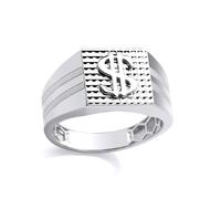 Jewelco London Rhodium Plated Sterling Silver $ Dollar Sign Engine Turned Double Grooved Square Signet Ring - Size U