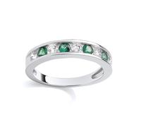 Jewelco London Rhodium Plated Sterling Silver Emerald-Green CZ Alternating Channel Set Half Eternity Ring