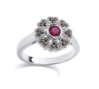 Jewelco London Rhodium Plated Sterling Silver Red & Brown Marcusite & CZ Chocolate Hearts & Arrows Cocktail Ring - Size N