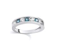 Jewelco London Rhodium Plated Sterling Silver Teal CZ Alternating Channel Set Half Eternity Ring - Size O