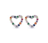 Jewelco London Rhodium Silver Rainbow Round Brilliant CZ Open Love Heart Halo Stud Earrings - AES188